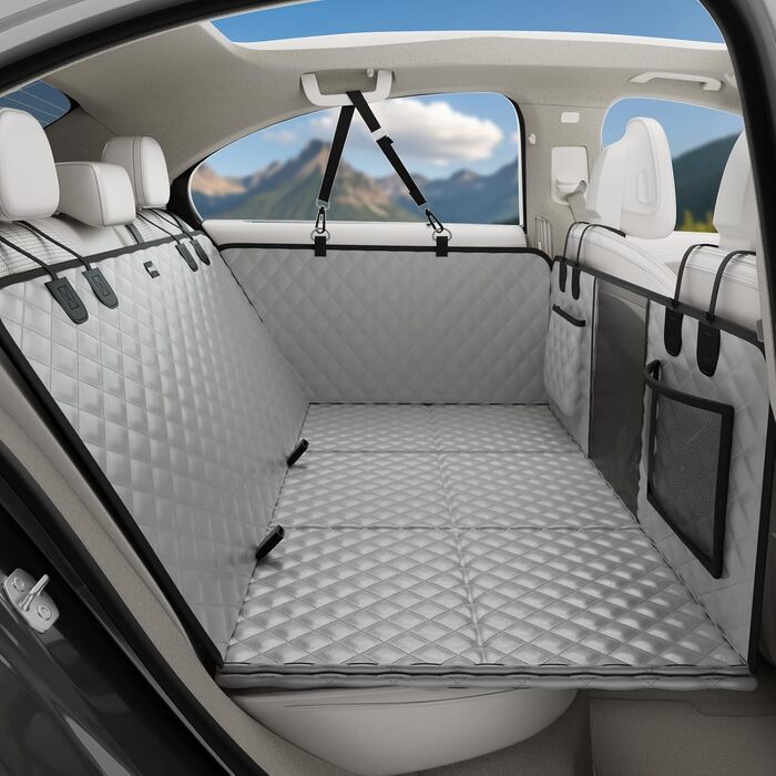 Плед для собак у машину Pecute з жорсткою основою, 133*62 см, сірий. Захист сидіння, антиковзаюча поверхня, до 150 кг. 3-в-1: збільшення сидіння, чохол, сітка для собак. Водонепроникний, антицарапин, текстура софи.