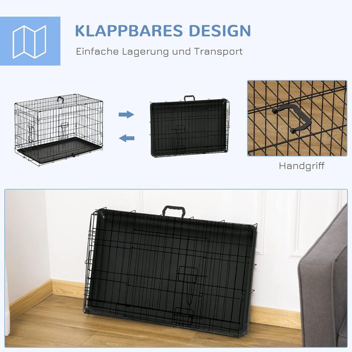 Клітка для собак PawHut, металева, транспортна, з 2 дверима, чорна, 76x53x57 см