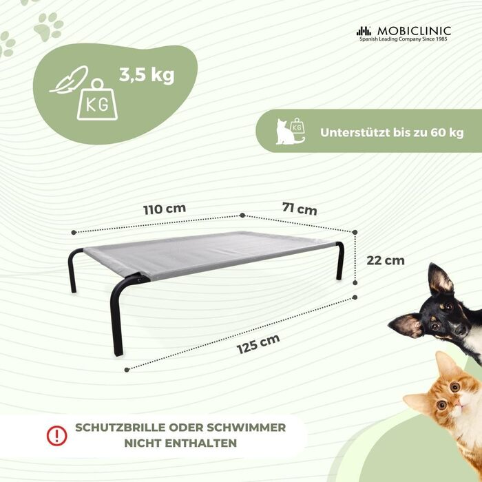 Mobiclinic® Cleo: Підвищене собаче ліжко, сіре, 122x71x21 см. Ізольоване, для внутрішнього та зовнішнього використання, міцне, легко миється, без інструментів, до 60 кг