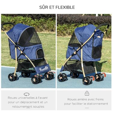 PawHut Buggy для собак, візок для тварин, складаний, з кошиком та гальмами, 80x44.5x97 см, темно-синій