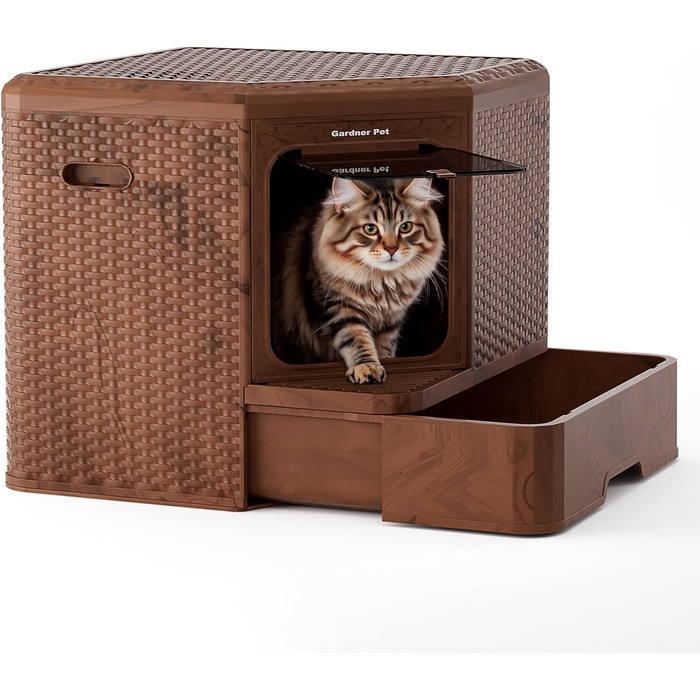 Торгова лоток для котів Gardner Pet з кришкою, великий, з висувним піддоном, сучасний дизайн плетіння ротангу, з фільтром з активованого вугілля, 50 x 50 x 50 см, базова версія
