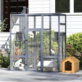 Великий дерев'яний кігтечка для котів COZIWOW з лежаками, печерами, ігровим комплексом та простором для бігу, для дому, з водонепроникним дахом, 7 платформ, 2 будиночки, стійкий до УФ-випромінювання, 167 см x 82 см, сірий, XL