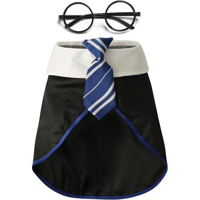 Сорочка для собак на Хелловін Impoosy, кумедний костюм кота-чаклуна, мила одяг з окулярами (розмір M, обхват шиї: 35,6 см), блакитний