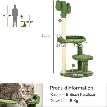 Когтеточка для котів PawHut Кaktus 111 см, 2 рівні, з іграшкою-м'ячем, лежанкою, для котів до 10 кг, котячі меблі, сизаль, зелена