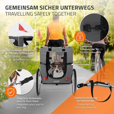 Фаркоп-причіп для велосипеда Hauki 2-в-1: для собак та дітей, сірий, 130x72x90 см, до 40 кг, з відбивачами, мотузкою та прапорцем