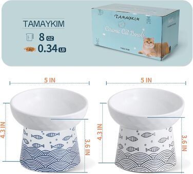 Підняті керамічні миски для котів і маленьких собак TAMAYKIM, набір з 2 порцелянових мисок для корму і води, чорна та блакитна, антистресова годівниця