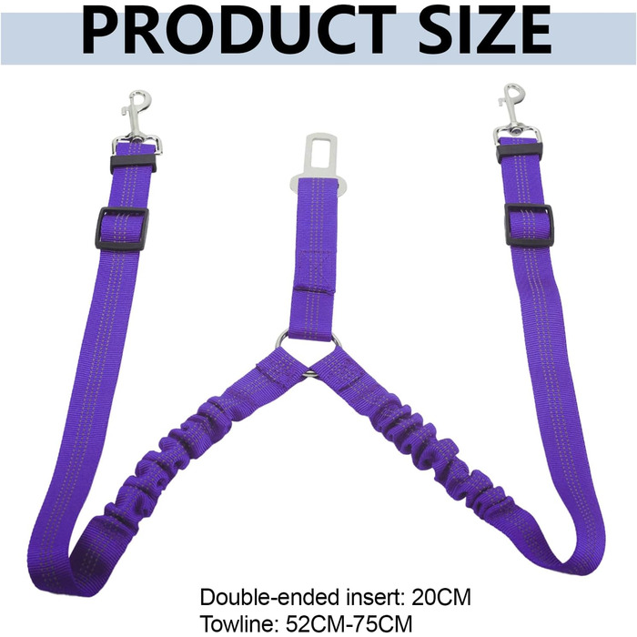 Ремінь безпеки для собак у машину, подвійний, еластичний, регульований, з амортизатором та карабіном для маленьких та середніх собак (фіолетовий)