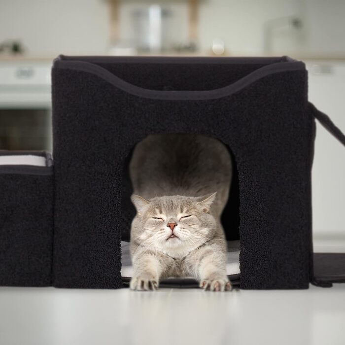 Будиночок для котів Relaxdays, складаний, 3 місця для лежання, з кігтеточкою, 36,5x112x41 см, чорний