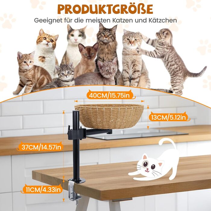 Кігтеточка-ліжко для кота на стіл: обертання 360°, регульована висота, без свердління. Підвищене котяче ліжко над столом. Тримає кошеня/кота поруч. Зручне ліжко для кота з подушкою для тварин.