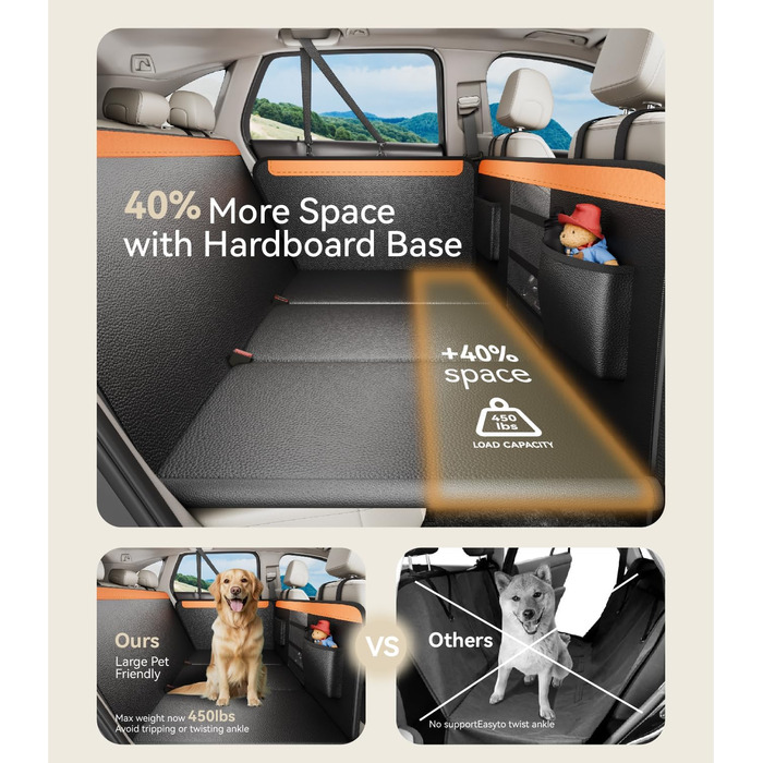Подовжувач для заднього сидіння автомобіля для собак, преміум PU-шкіра, захисний чохол для сидіння з жорсткою основою, витримує 180 кг, водовідштовхувальний, універсальний, оранжево-чорний