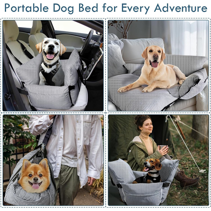 Автокрісло для собак - автокрісло-бустер для маленьких та середніх собак до 18 кг, з ременем безпеки та кишенями для зберігання, миється, антиковзаюча підставка (смугастий морський колір), 30x20.5 дюймів
