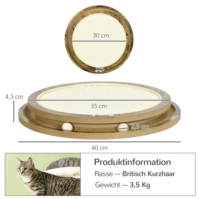PawHut Scratching Board Ігровий майданчик для кішок з двошаровим дизайном та ігровим м'ячем, Ø40x4,5 см, коричневий та кремово-білий для котів