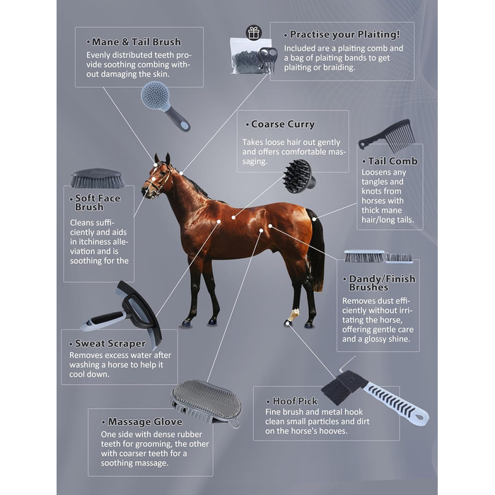 Набір для догляду за конем Harrison Howard, 9 предметів, блакитний (з сумкою)