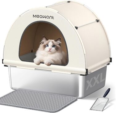 Лоток для котів MeoWant з нержавіючої сталі, великий, з дахом, герметичний, антибактеріальний, легко миється, білий