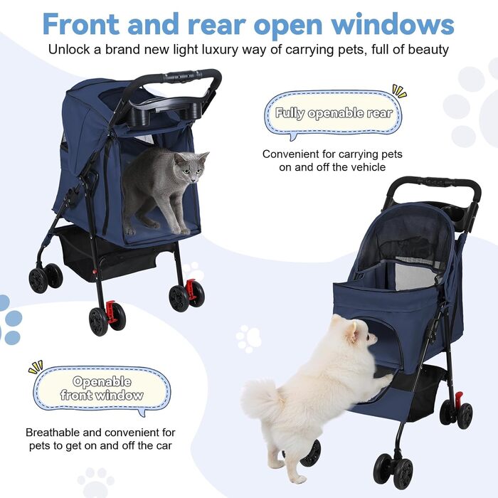 Складаний візок для тварин та дітей з обертовими колесами 360°, кошиком для зберігання, міцним металевим каркасом та дихаючими сітковими віконцями – портативний переносник для котів та собак до 22 кг (Блакитний)