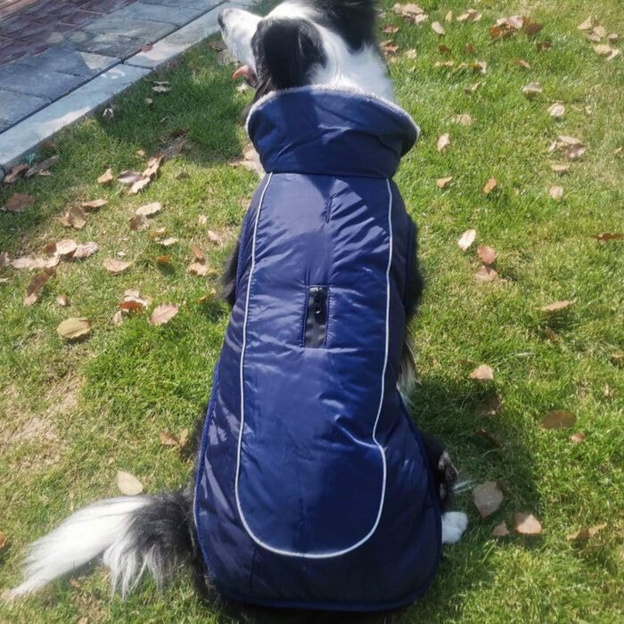 Водонепроникний теплий дощовик для собак з коміром з флісу, з отвором для шлейки, для маленьких, середніх та великих собак, колір: морський, розмір 2XL (Об'єм грудей 75-85 см)