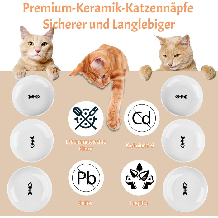 Набір мисок для котів CROUTE (6 шт.) - керамічні, плоскі, анти-високочування, білий (візерунок 'Рибка')