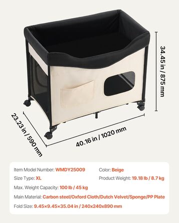 Підвищене ліжко для домашніх тварин VEVOR (XL), складне ліжко для собак з тканини 600D Oxford та голландського оксамиту, портативне дитяче ліжко з колесами та боковими кишенями, бежеве