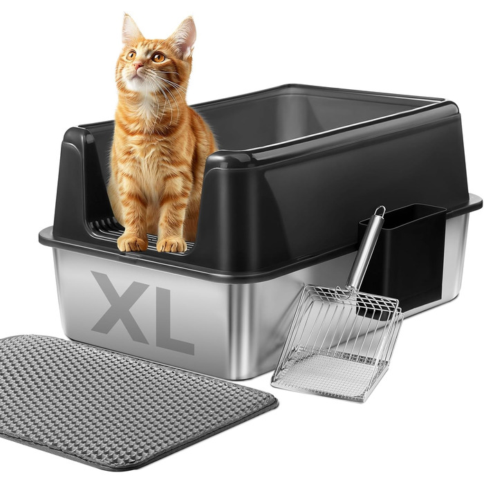 Торгова лоток для котів Marchul Katzentoilette XL з нержавіючої сталі, великий розмір, з кришкою, для великих котів, з антибактеріальним покриттям, з килимком та совком, не липкий