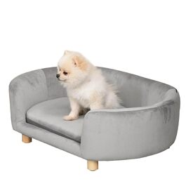Диван для собак PawHut з оксамиту: зручне ліжко для маленьких собак, котів, з подушкою та дерев'яними ніжками, 86x55x33 см, світло-сірий