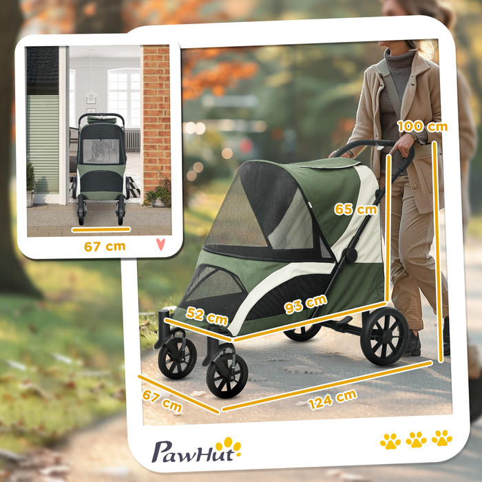 PawHut Dog Buggy Dog Buggy Foldable для великих собак і кішок до 30 кг Cat Buggy з подушками Сітчасті вікна Двері Сумка для зберігання Cat Buggy з страхувальними тросами, гальмами, баггі темно-зелений | Аосом