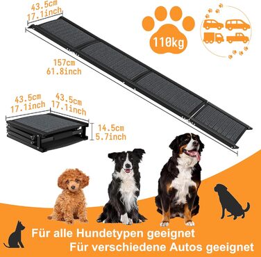 Рампа для собак Hunderampe 157 см: складана, для автомобіля, до 110 кг, з антиковзким покриттям та зручною ручкою (чорна)