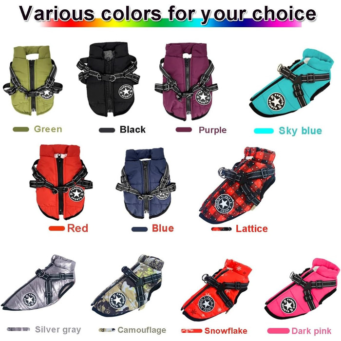 Водонепроникна зимова куртка для собак з інтегрованим шлейкою, зручна та регульована, з відбиваючими елементами. Підходить для маленьких та великих собак.