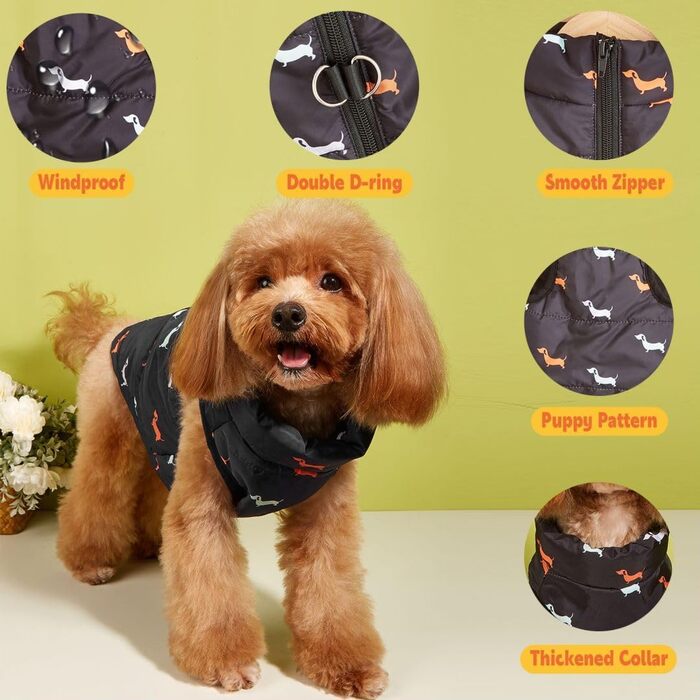 Тепла куртка для собак на зиму від Asmea: чорна, для чихуахуа, такси, S, M. Водонепроникна, з отвором для повідка.