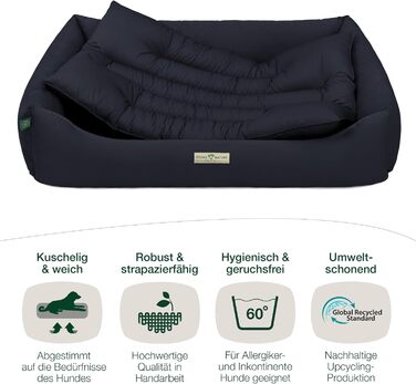 Ортопедичне екологічне ліжко для собак XXL HOUND & NATURE Bern, м'яке, велике, двостороннє, темно-синє, 125x95 см, для великих порід, знімний чохол, що переться