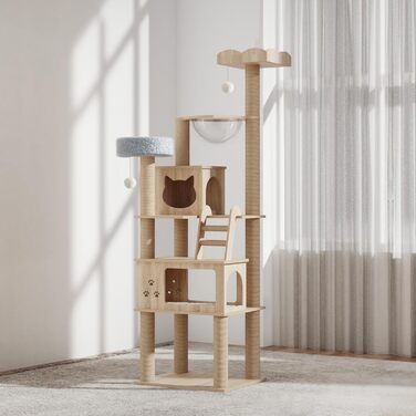 Дерев'яна кігтеточка Mondeer для кімнат з двома будиночками для котів, контейнером для наповнювача, прозорою капсулою, знімними плюшевими подушками, розмір 60x50x184 см, дуб