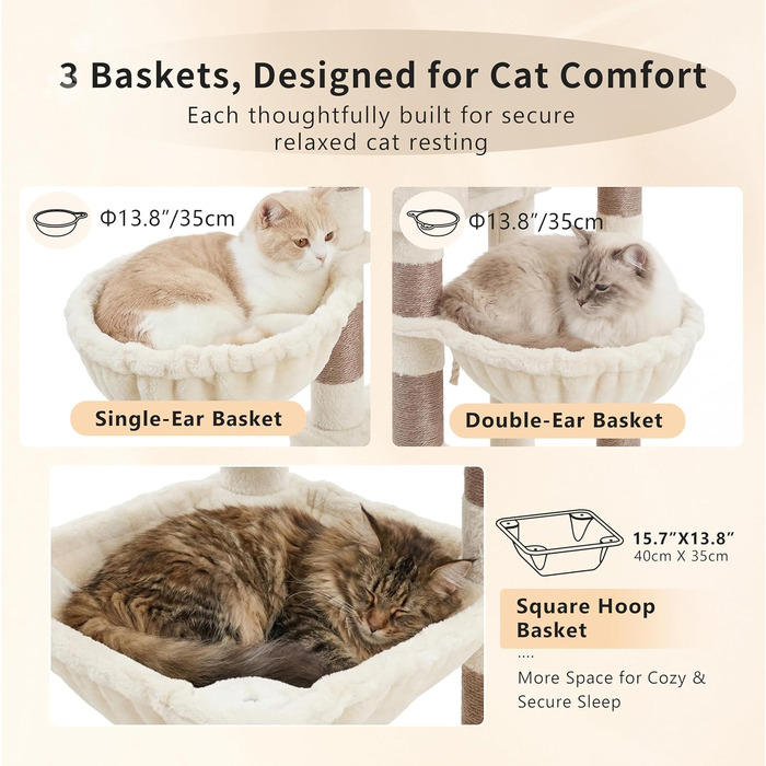 Heybly Katzenbaum 190 см, XXL Дряпка для великих котів, стійка висока когтеточка з великою платформою, 2 печери, гамак та міцні стовпи з сизалю, котячі меблі, HCT062G (Бежевий)