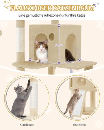 Кігтеточка для котів Hzuaneri, 174 см, XL, 2 платформи, 2 печери, 4 стовпчики, дошка для шліфування кігтів, мотузка з сизалю, плюшеві кульки, для кількох котів, MS17418LG (Бежевий)