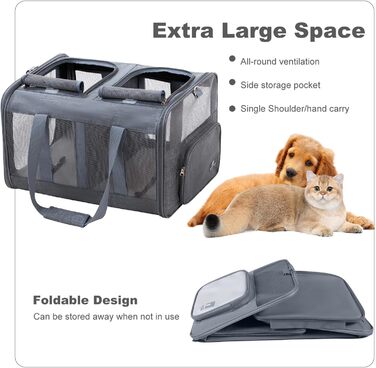 Транспортна сумка PETCUTE для котів середніх розмірів та маленьких собак до 17.5 кг, складана переноска з плечовим ременем та внутрішнім страхувальним шнуром, переноска для котів для подорожей, схвалена авіакомпаніями, темно-сіра