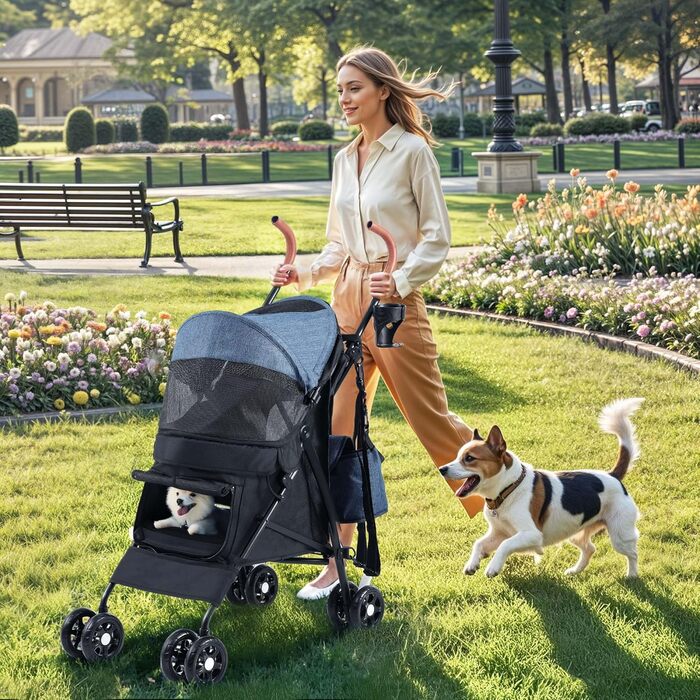 Візок для собак та котів DWVO, 11.3 кг, складаний, з подушкою та кошиком для зберігання, блакитно-чорний (45x80x103 см)