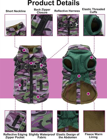 Зимовий теплий пуховик для собак з прорізами для зчеплення, вітронепроникна куртка для холодної погоди, бавовна, костюм для цуценят, маленьких та середніх собак, розмір XL (XL: Обхват грудей: 50 см, Стиль 8: фіолетовий камуфляж)