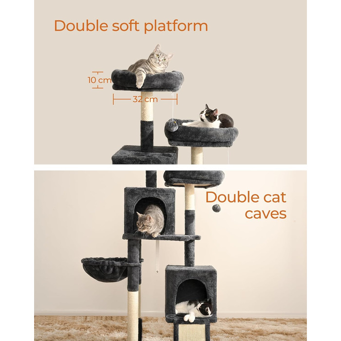 Котячий дряпак FourFurPets 156 см для дому з сизалевою драбиною, двома платформами, двома будиночками, гамаком і плюшевими м’ячиками, димчасто-сірий