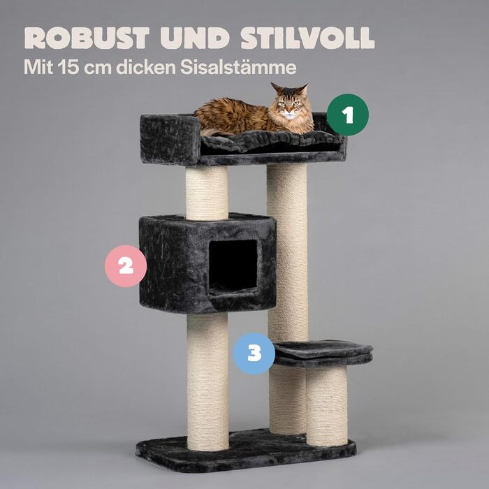 Дряпак для великих котів RHRQuality Devon Rex 120 см, темно-сірий, з ігровим будиночком і 15 см сизалевими стовпами