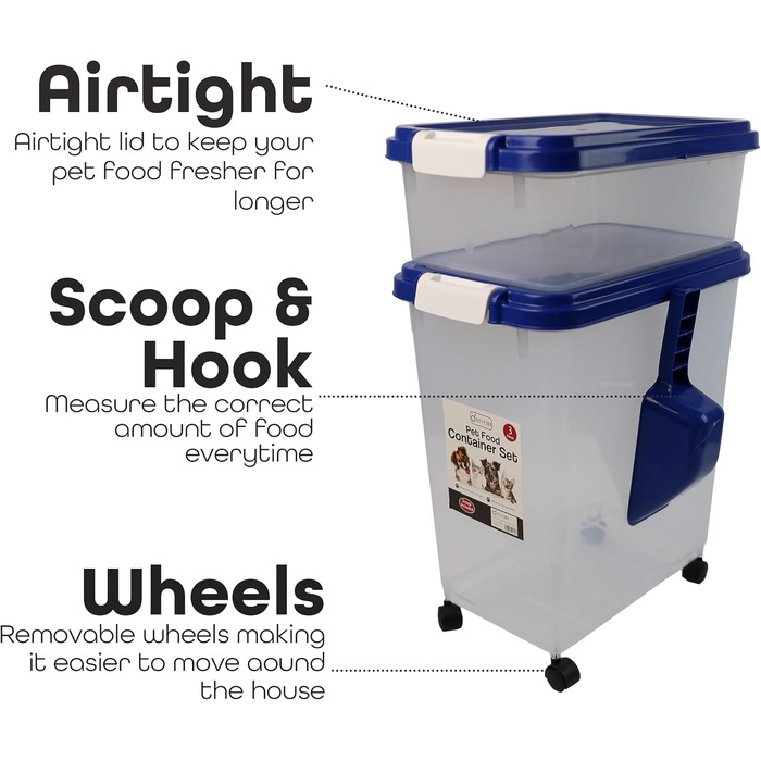 DIVCHI Контейнер для зберігання корму для тварин 3в1 з мірною ложкою, синій. Підходить для собак, котів та інших тварин. Герметичний, з роликами, для сухого корму.