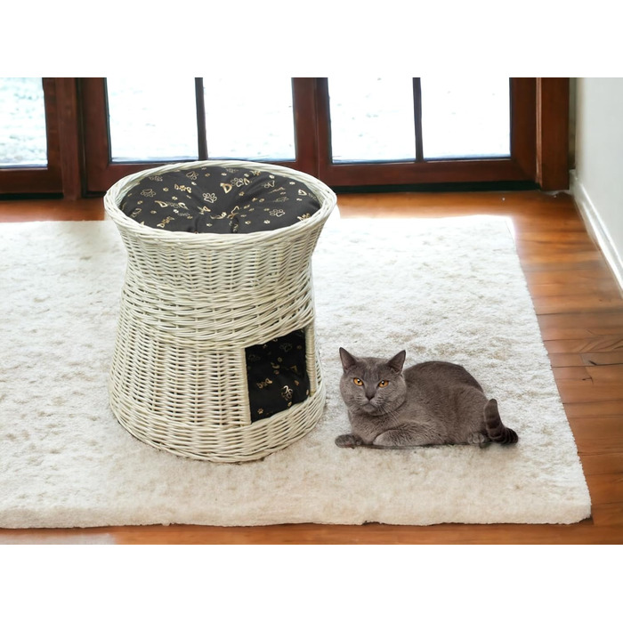 Кігтеточка-лежанка для котів: двоярусна хатинка з ротанга, 50 см, з подушкою (темно-коричнева)