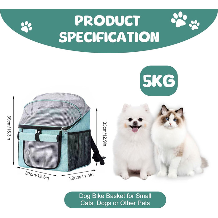 Корзина для собак Yallmie на велосипед, до 5 кг, 3 в 1, блакитна