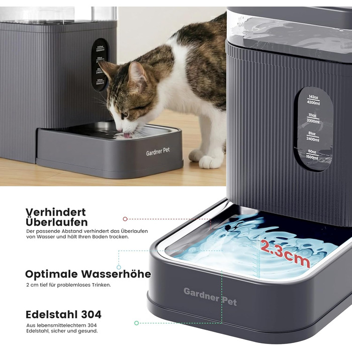 Автоматична поїлка-годушка для собак і котів Gardner Pet, 6.5 л, нержавіюча сталь, BPA-free, гравітаційна, безшумна, сіра