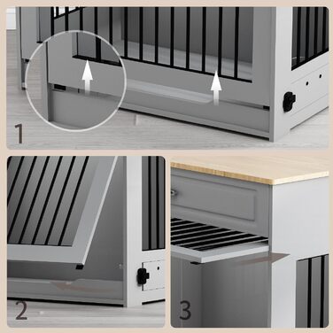 DAWNYIELD Клітка для собак, меблі, дерев'яна з відкидною дверцятами та шухлядою, стиль меблів, внутрішній вольєр для собак, стіл з поворотним миском на 360°, білий колір, біла розсувна дверцята (сіра розсувна дверцята)