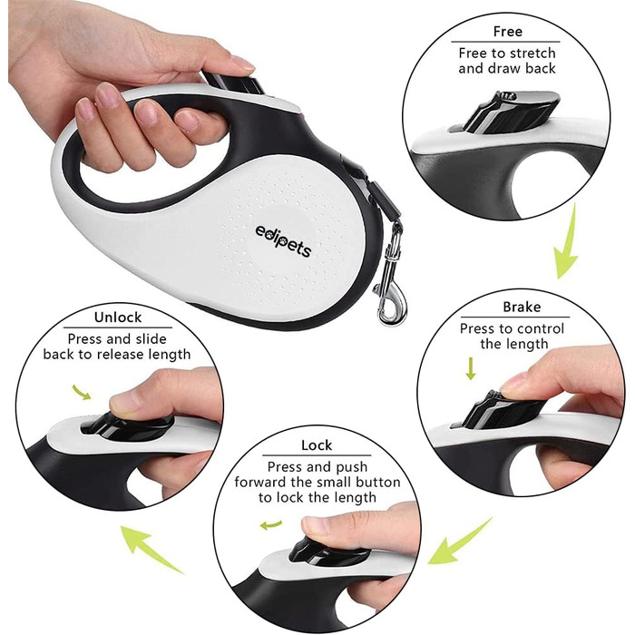 Рулетка для собак Edipets, висувна, нейлон, 5 м, 360°, для малих, середніх та великих собак (біла, M)