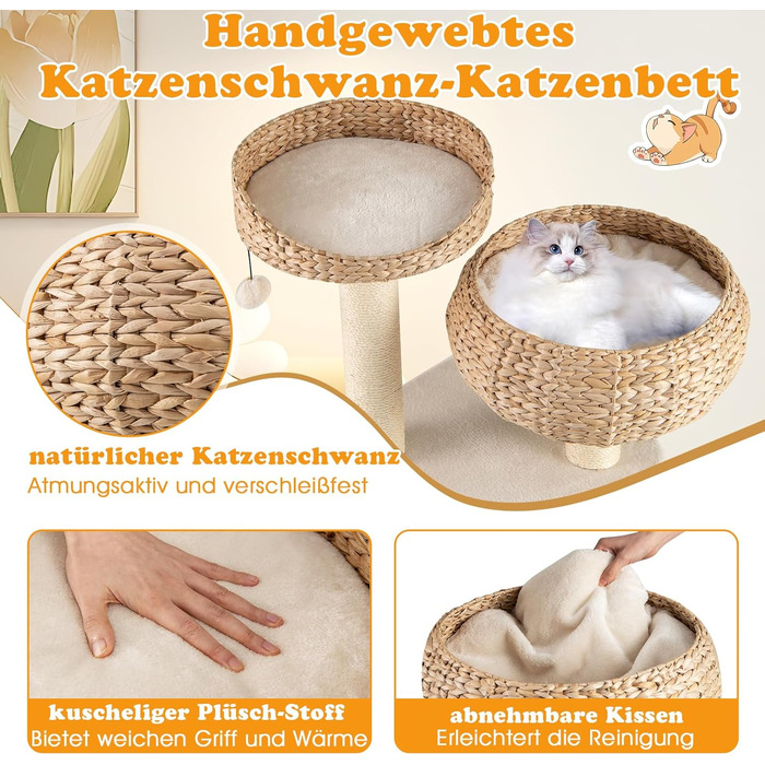 Драбина-стінка для котів GOPLUS з сизалевими стовпчиками, м'ячиком, гачком, просторою платформою, гніздом з соломи та стійкою конструкцією. Підходить для кількох котів (Бежевий)