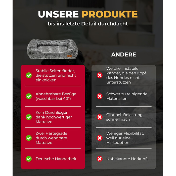 Ортопедичне ліжко для собак HS-Hundebett® Deluxe Exklusiv S (60x75 см) з Memory Foam, антиковзаючою основою та можливістю прання. Виготовлено в Німеччині