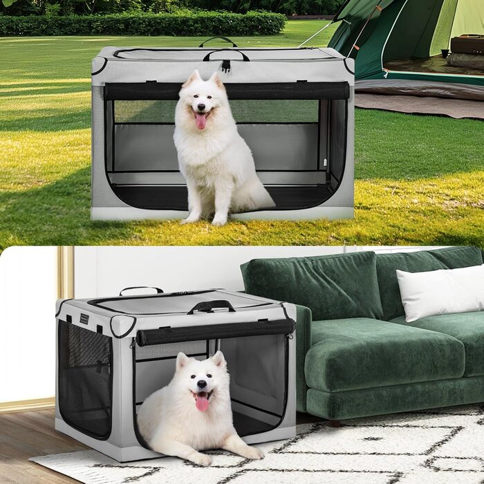 Складаний бокс для великих собак Petsfit, світло-сірий, L 91×61×59 см, міцна транспортна клітка з вентиляційною сіткою для дому та подорожей