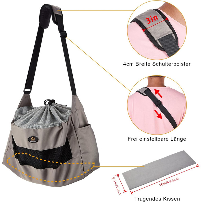 Сумка-переноска для собак Ownpets, сіра, до 6 кг, з регульованим ременем та кишенями, 42x25x14 см