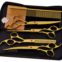 Набір ножиць для грумінгу собак, 7 дюймів, професійний набір для догляду за тваринами, нержавіюча сталь, вигнуті ножиці, ножиці для розрідження, гребінець для грумінгу собак і котів, 5 шт. (Золотий)