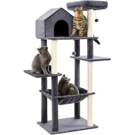Дерев'яний котячий комплекс Made4Pets для кімнатних котів, багаторівневий когтеточка з плюшевим гамаком, затишний будиночок, стовпи для дряпання, верхня платформа та 2 підвісні м'ячі, висота 152 см