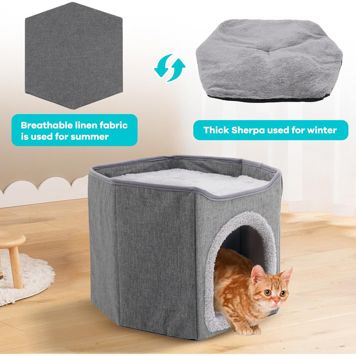 Кіт Будинок для котів у приміщенні, велика кімната для котів з когтеточкою, 2-ярусне ліжко для котів, будинок-печера для маленьких та середніх тварин, сірий